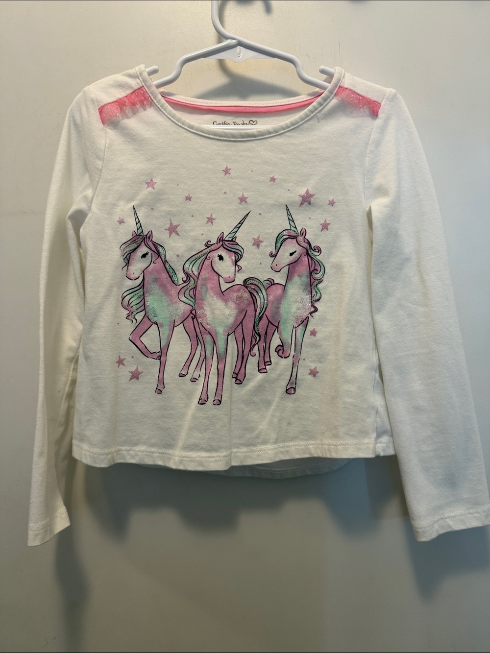 White Long-Sleeve Tee with Pink & Mint Unicorn Trio & Sparkly Sequins